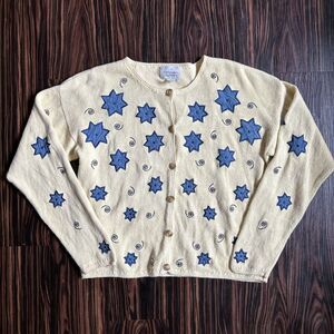 Christopher & Banks Cardigan Sweater Women's Medium Yellow Blue Stars VTG